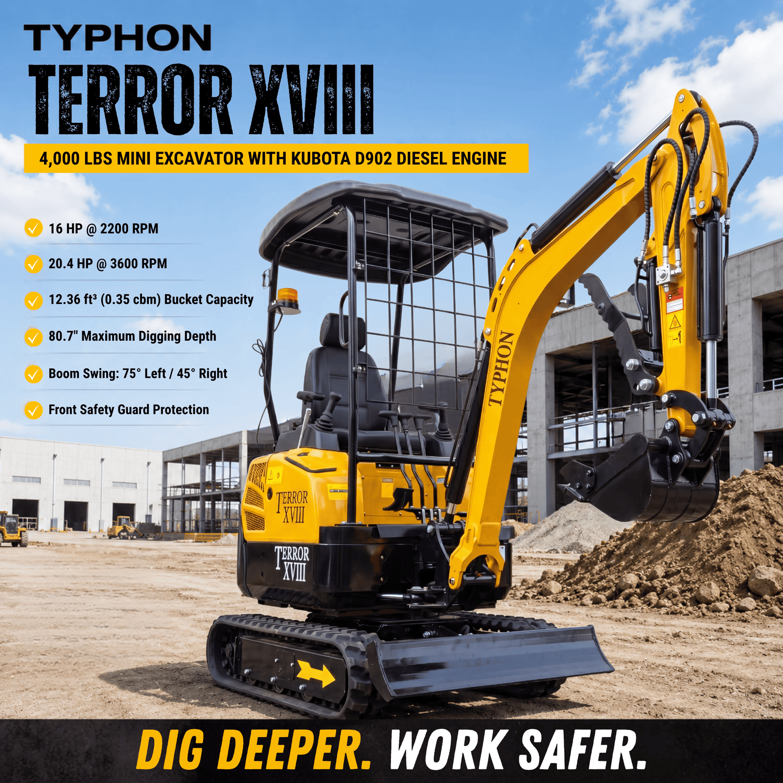 Top Compact & Mini Excavator Diggers- TYPHON Machinery TYPHON TERROR XVIII Mini Excavator – 4000lbs Digger