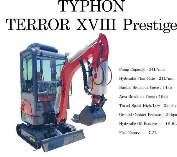TYPHON TERROR XVIII Prestige 2 Ton Mini Excavator, KUBOTA D902 Diesel Engine USA - Image 4