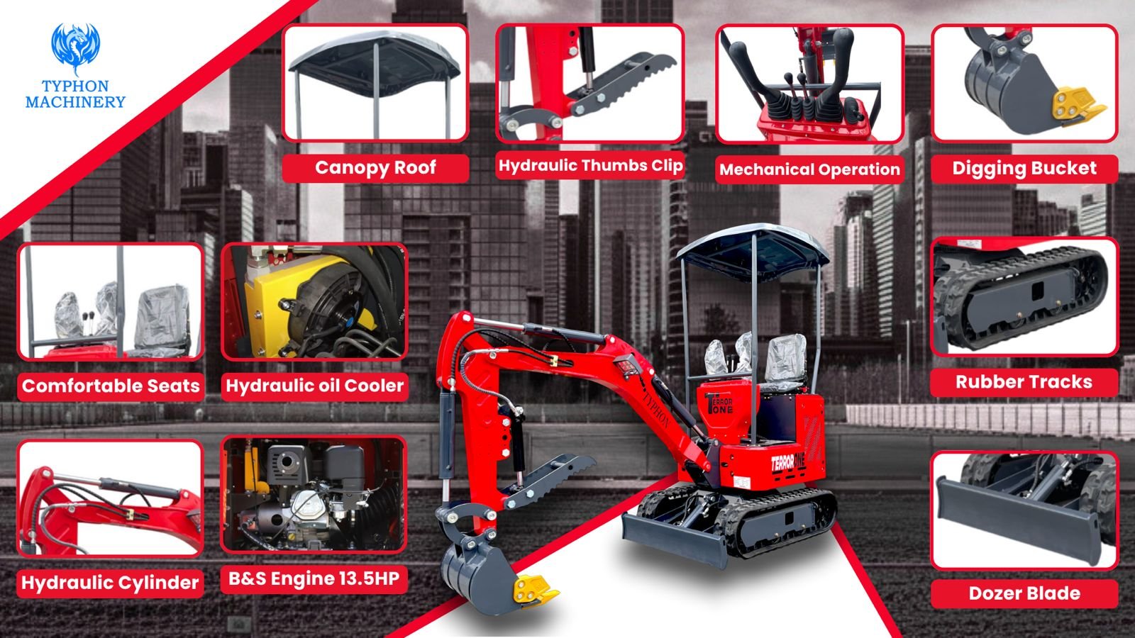 Top Compact & Mini Excavator Diggers- TYPHON Machinery TYPHON TERROR ONE STORM 1 Ton Mini Excavator Trench Digger with Hydraulic Oil Cooler Canopy & Wide Bucket Ideal for Garden, Farm, Park & Road Work Digging, Drilling, Bull-Dozing - Image 4