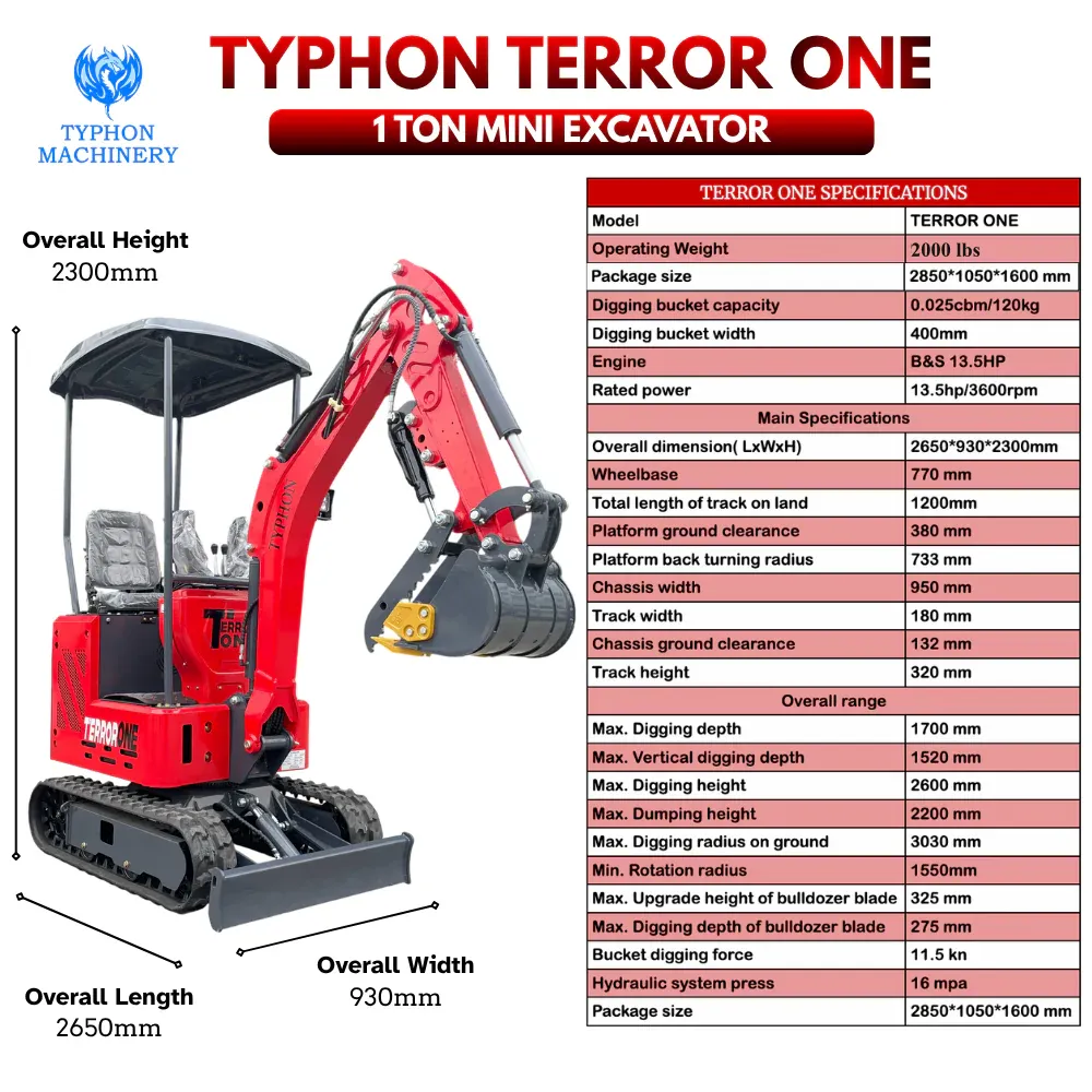 Top Compact & Mini Excavator Diggers- TYPHON Machinery TYPHON TERROR ONE STORM 1 Ton Mini Excavator Trench Digger with Hydraulic Oil Cooler Canopy & Wide Bucket Ideal for Garden, Farm, Park & Road Work Digging, Drilling, Bull-Dozing - Image 2