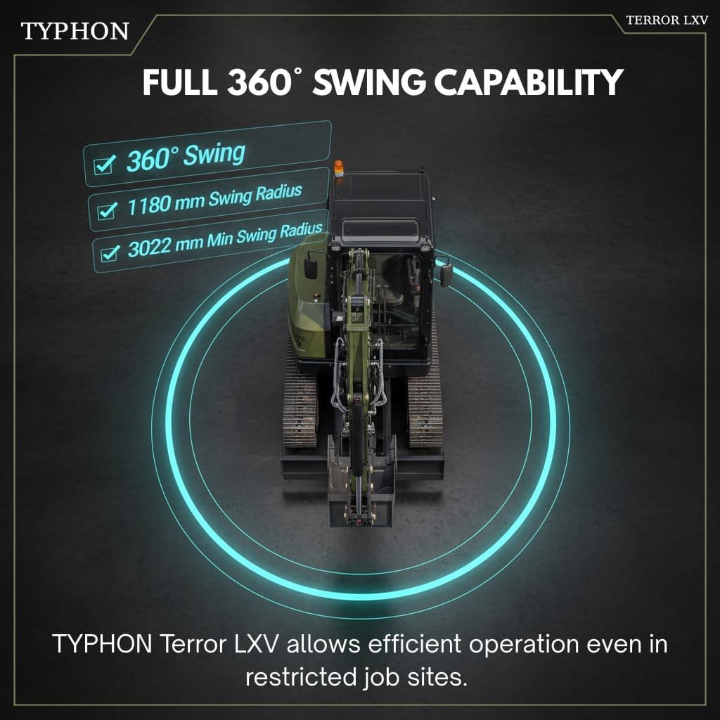 Top Compact & Mini Excavator Diggers- TYPHON Machinery TYPHON TERROR LXV 6.6 Ton Excavator Kubota V2607 56.9HP AC/Heater Cabin Boom Swing - Image 9