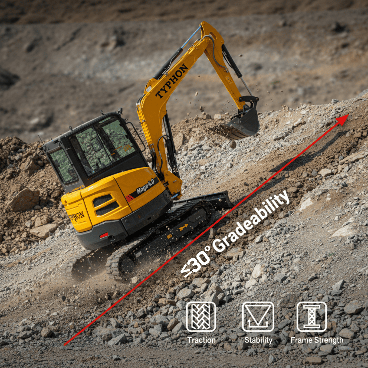 Top Compact & Mini Excavator Diggers- TYPHON Machinery TYPHON NAGA 4.0 Mini Excavator w 4 Ton 24.4hp Yanmar Diesel Engine Metal Track ISO SAE control switch, AC Heater Cabin, 2 Travel Speed - Image 12