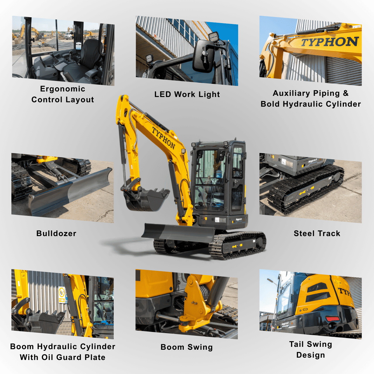 Top Compact & Mini Excavator Diggers- TYPHON Machinery TYPHON NAGA 4.0 Mini Excavator w 4 Ton 24.4hp Yanmar Diesel Engine Metal Track ISO SAE control switch, AC Heater Cabin, 2 Travel Speed - Image 14