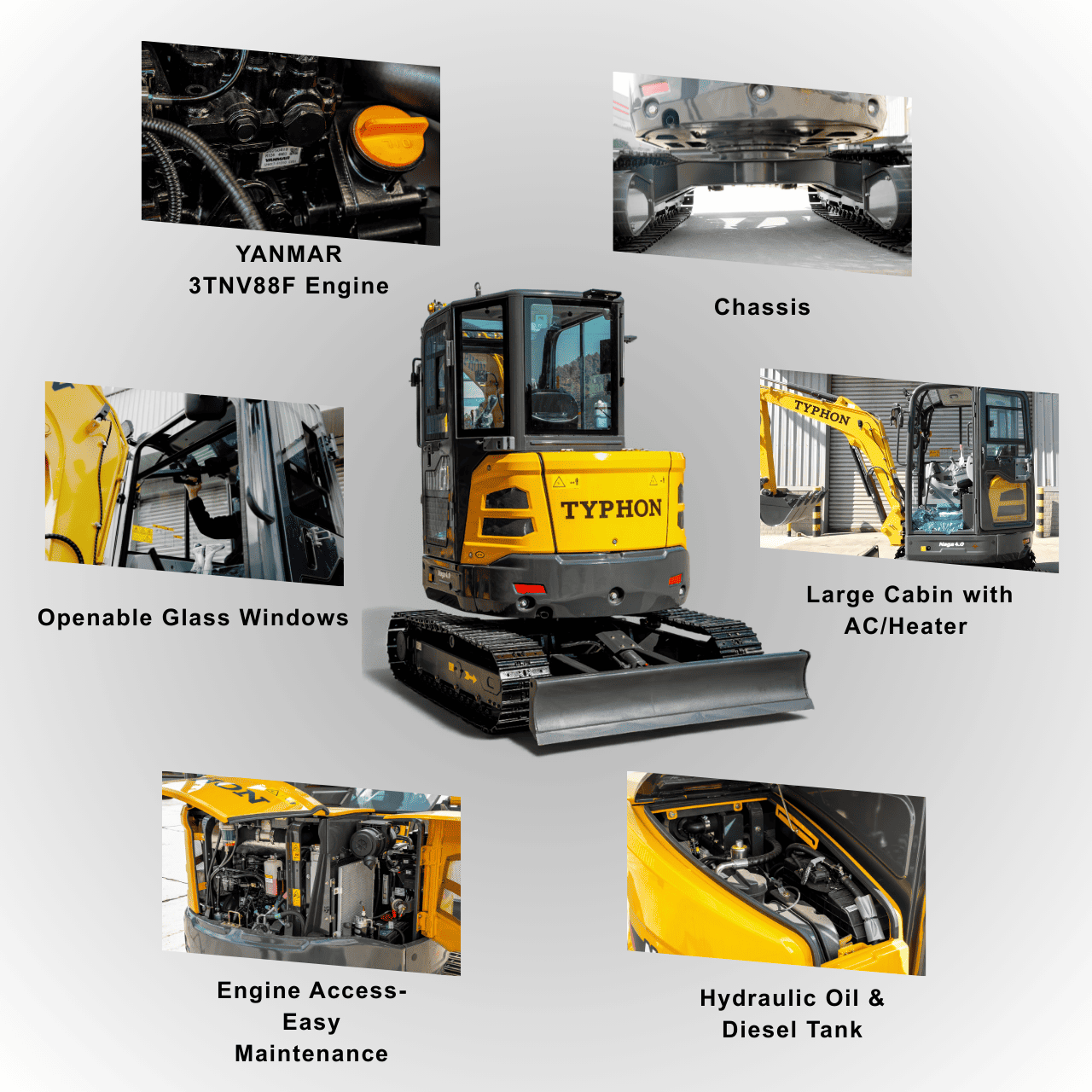 Top Compact & Mini Excavator Diggers- TYPHON Machinery TYPHON NAGA 4.0 Mini Excavator w 4 Ton 24.4hp Yanmar Diesel Engine Metal Track ISO SAE control switch, AC Heater Cabin, 2 Travel Speed - Image 13