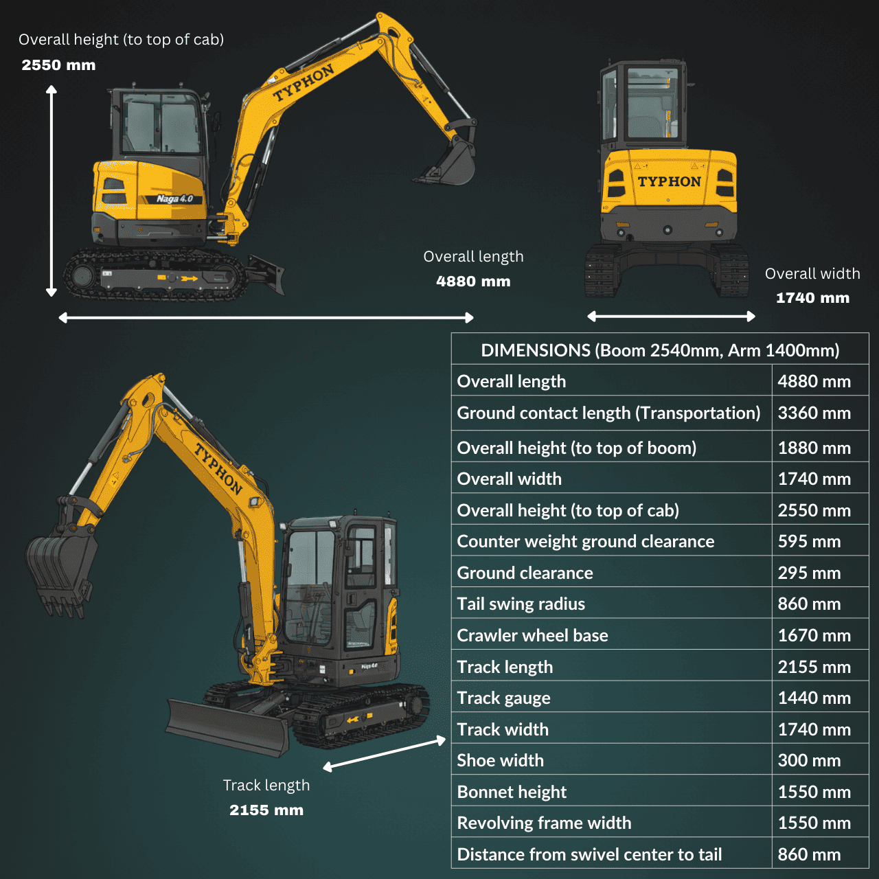Top Compact & Mini Excavator Diggers- TYPHON Machinery TYPHON NAGA 4.0 Mini Excavator w 4 Ton 24.4hp Yanmar Diesel Engine Metal Track ISO SAE control switch, AC Heater Cabin, 2 Travel Speed - Image 3