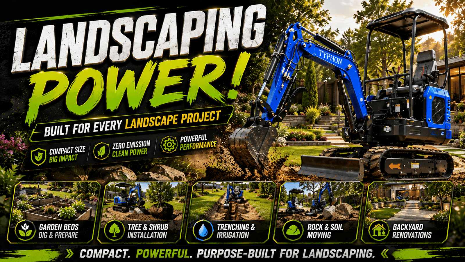 Top Compact & Mini Excavator Diggers- TYPHON Machinery Landscaping