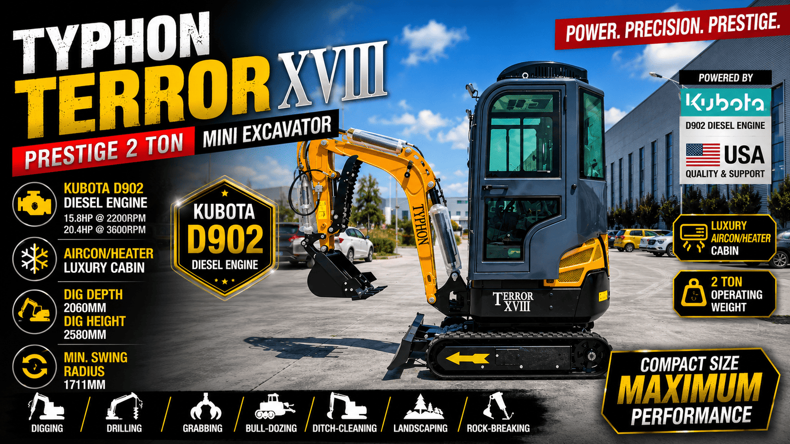 TYPHON TERROR XVIII Prestige 2 ton mini excavator on job site