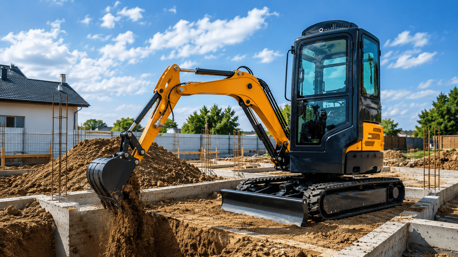 Mini excavator digging foundation trench on job site