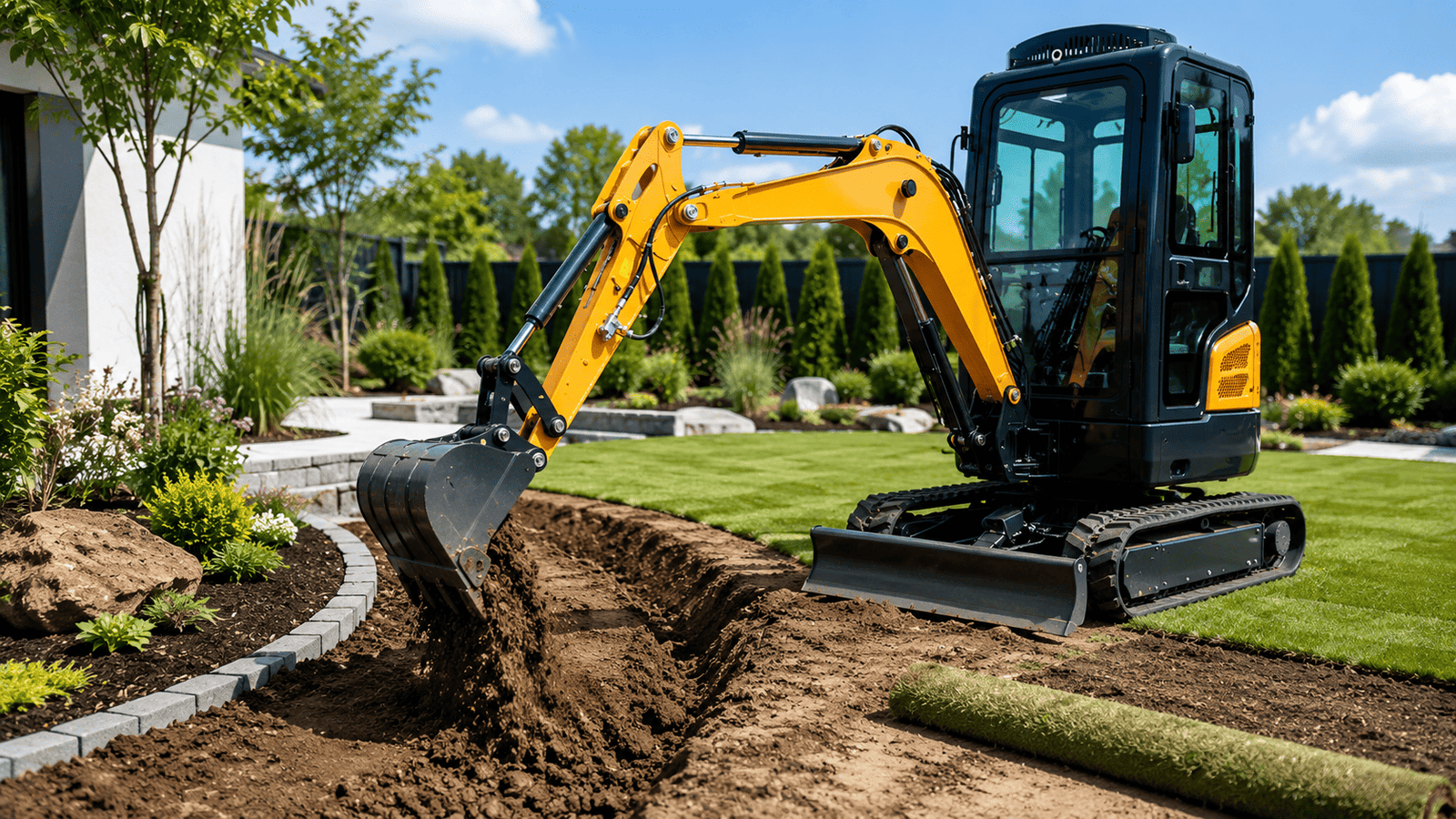 Compact excavator on landscaping project in backyard