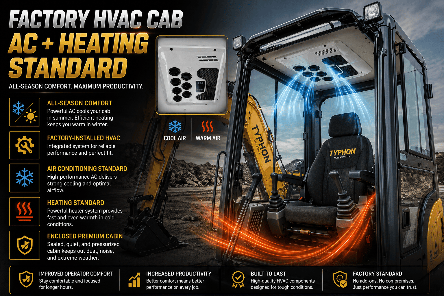 Climate controlled cab interior of mini excavator with ergonomic controls