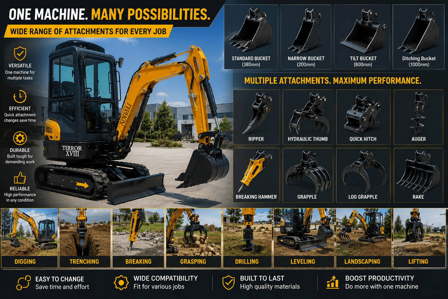 Mini excavator attachments auger hydraulic breaker thumb accessories