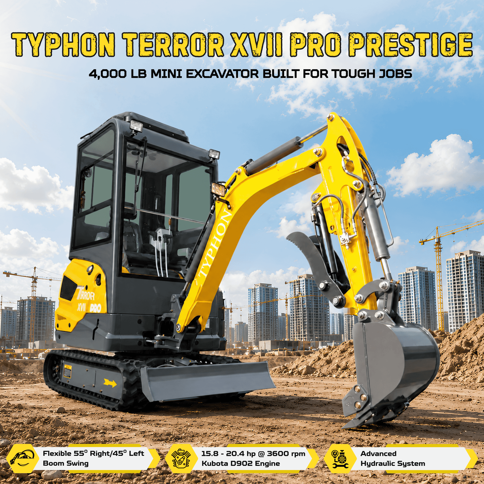 Top Compact & Mini Excavator Diggers- TYPHON Machinery TYPHON TERROR XVII PRO Prestige Edition Mini Excavator 4000LB Kubota D902 Diesel, Enclosed Cab with AC/Heat, Hydraulic Thumb - Image 10